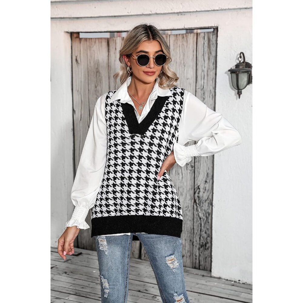 Women Black White Sweater Vest Sleeveless V Neck Oversized Knitted Pullover Fall - Picture 3 of 5